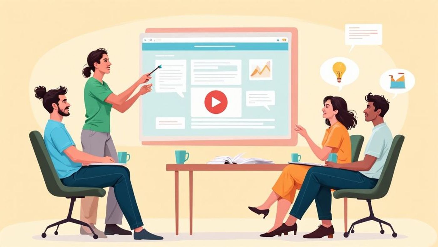 A team collaborates around a screen displaying a website and content, fostering discussion and ideas.