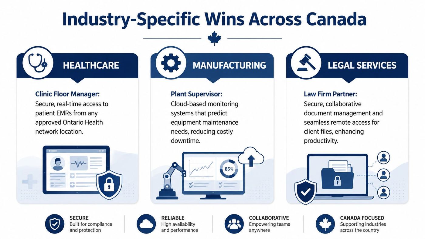 An infographic showing industry-specific benefits of cloud computing for healthcare, manufacturing, and legal services in Canada.