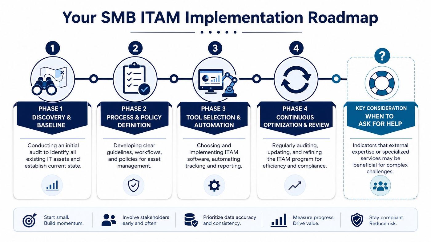 A four-phase infographic showing the SMB IT Asset Management implementation roadmap and key considerations for seeking help.