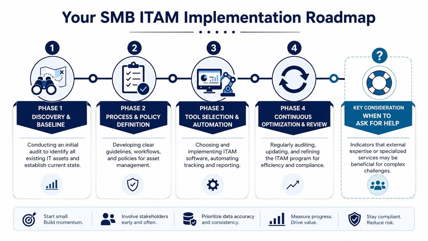 A four-phase infographic showing the SMB IT Asset Management implementation roadmap and key considerations for seeking help.