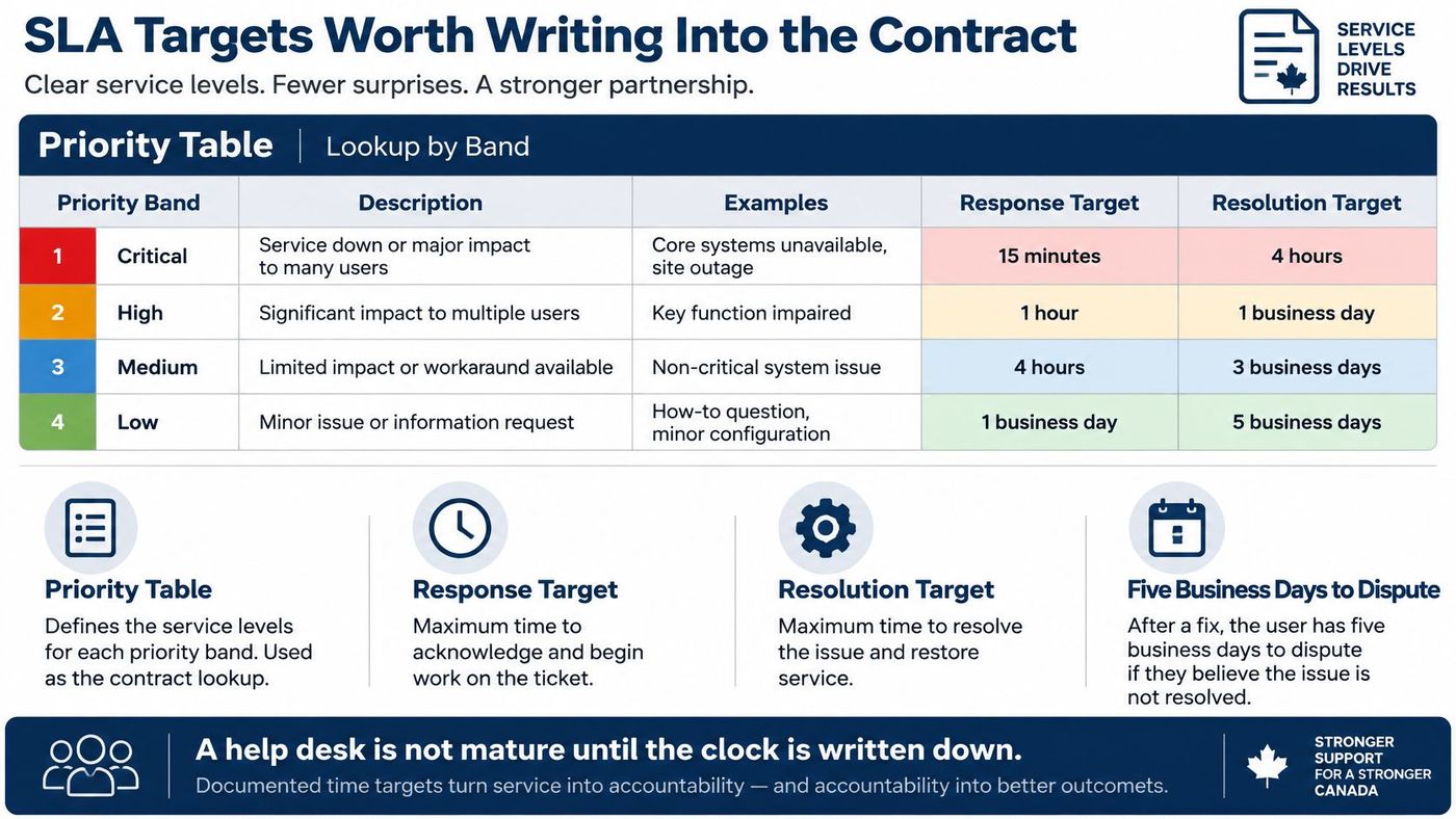 A table outlining SLA targets for help desk support levels, categorized by priority band, response time, and resolution time.