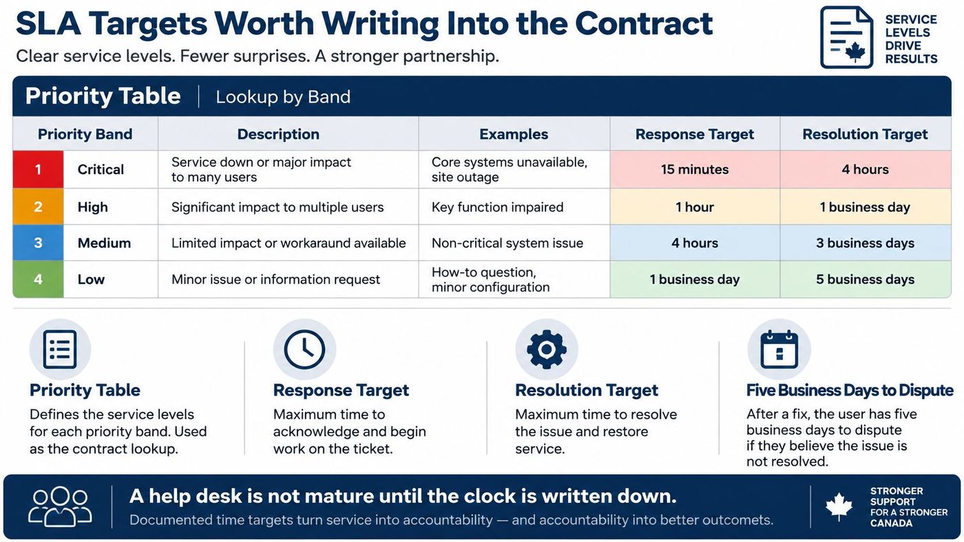 A table outlining SLA targets for help desk support levels, categorized by priority band, response time, and resolution time.