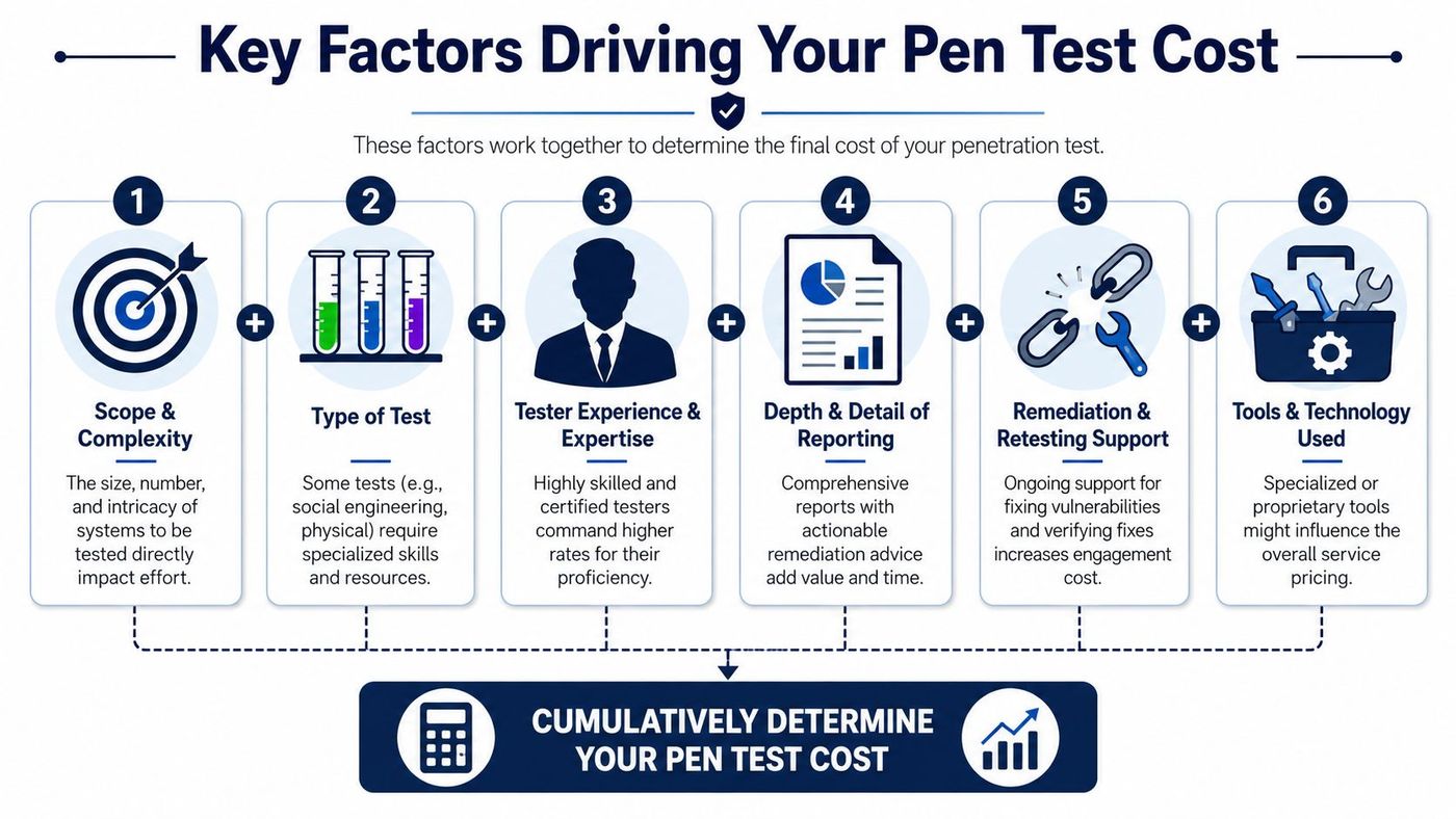 An infographic detailing the six key factors that determine the total cost of a penetration test.