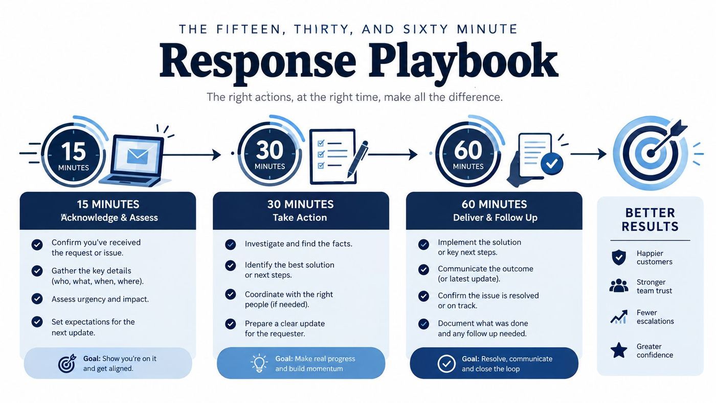 An infographic titled Response Playbook showing a 15, 30, and 60-minute workflow for handling requests and issues.