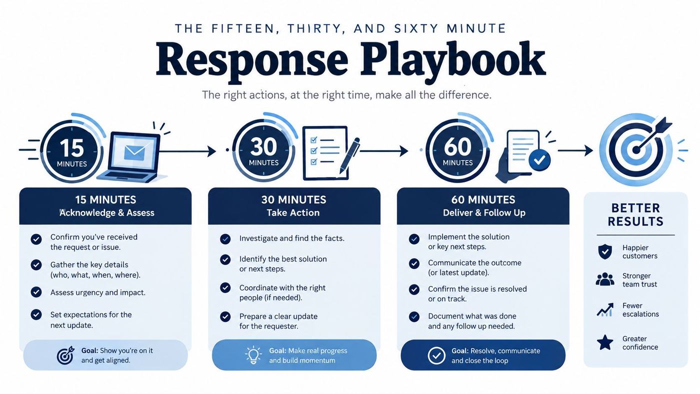 An infographic titled Response Playbook showing a 15, 30, and 60-minute workflow for handling requests and issues.