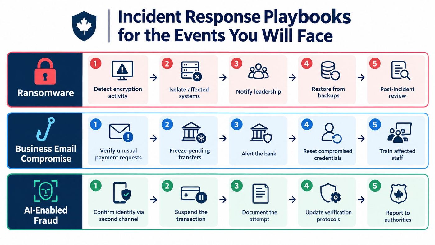 An infographic showing step-by-step incident response playbooks for ransomware, business email compromise, and AI-enabled fraud.