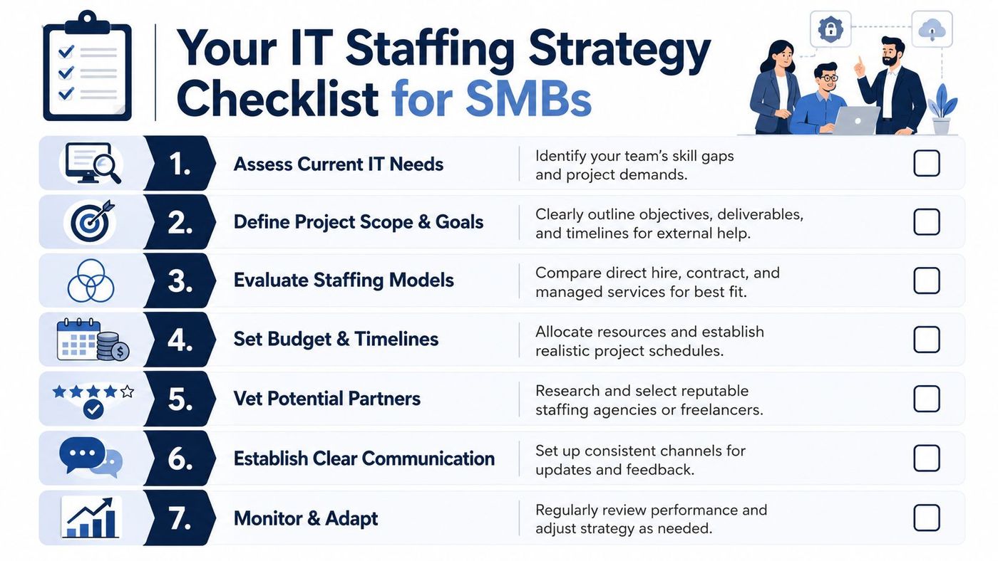 A seven-step checklist graphic for small to medium businesses to effectively manage their IT staffing strategies.