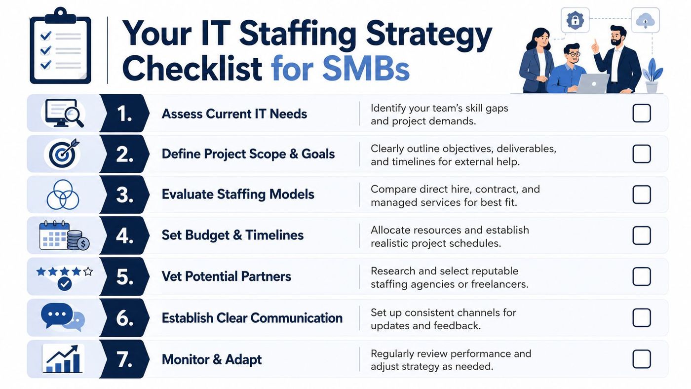 A seven-step checklist graphic for small to medium businesses to effectively manage their IT staffing strategies.