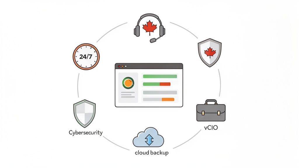 Diagram illustrating a comprehensive suite of managed IT services with 24/7 support and security features.
