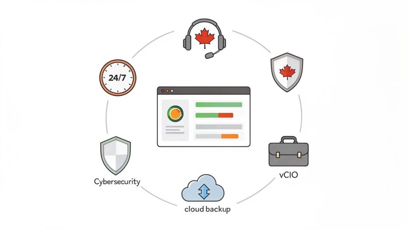Diagram illustrating a comprehensive suite of managed IT services with 24/7 support and security features.