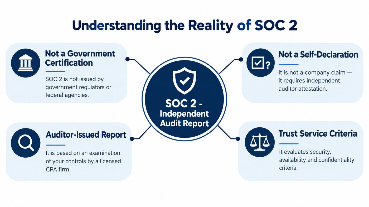 A diagram explaining that SOC 2 is an independent audit report, not a government certification or self-declaration.