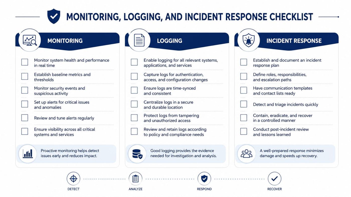 A comprehensive checklist for monitoring, logging, and incident response to enhance cybersecurity and system health.