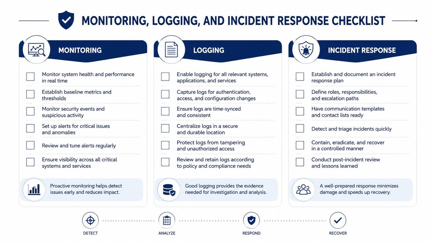 A comprehensive checklist for monitoring, logging, and incident response to enhance cybersecurity and system health.
