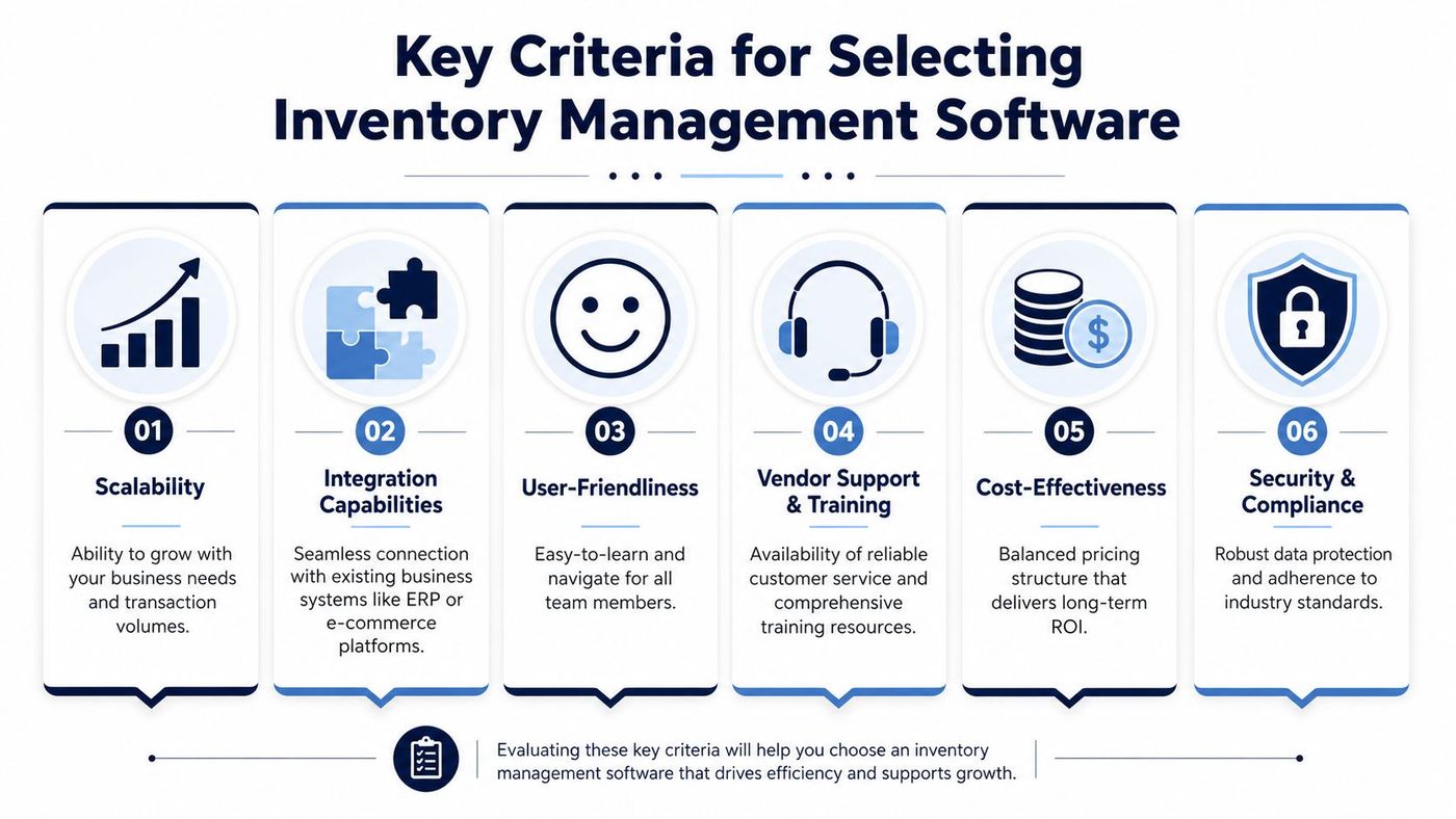 A professional infographic outlining six key criteria for choosing the right inventory management software for your business.