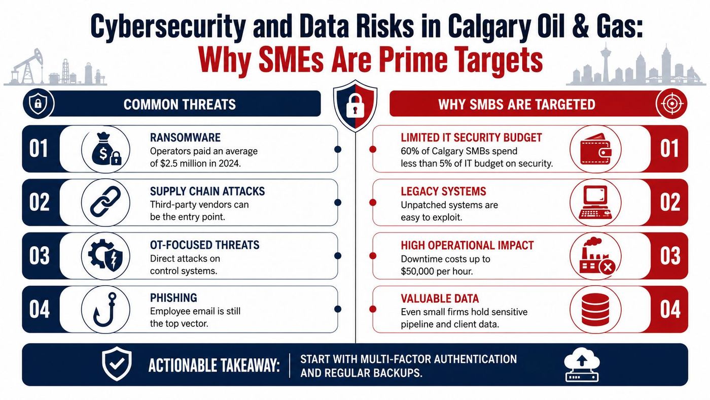 An infographic detailing cybersecurity threats and risks for small and medium businesses in the Calgary oil and gas sector.