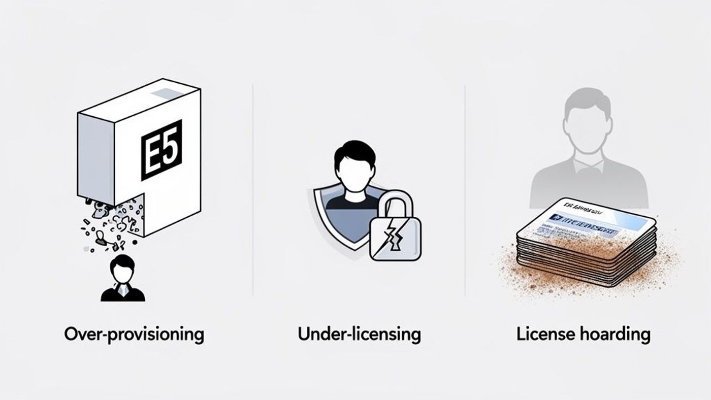 Illustration showing three common Microsoft 365 E5 licensing issues: over-provisioning, under-licensing, and hoarding.