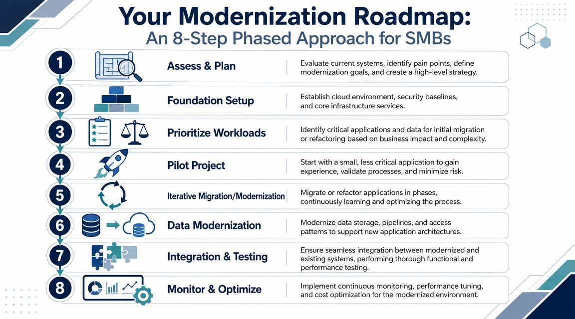 An infographic illustrating an eight-step phased modernization roadmap for small and medium businesses including planning and migration.