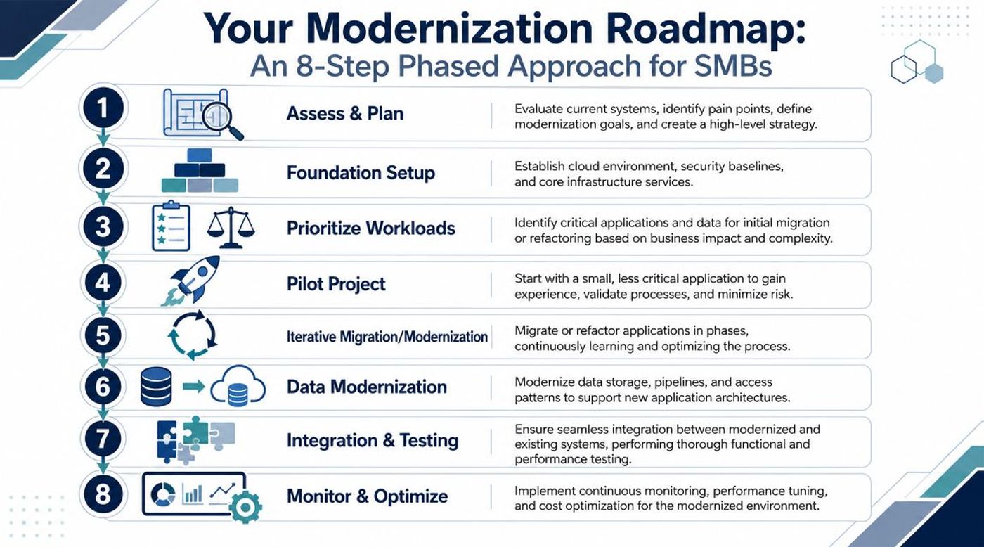 An infographic illustrating an eight-step phased modernization roadmap for small and medium businesses including planning and migration.
