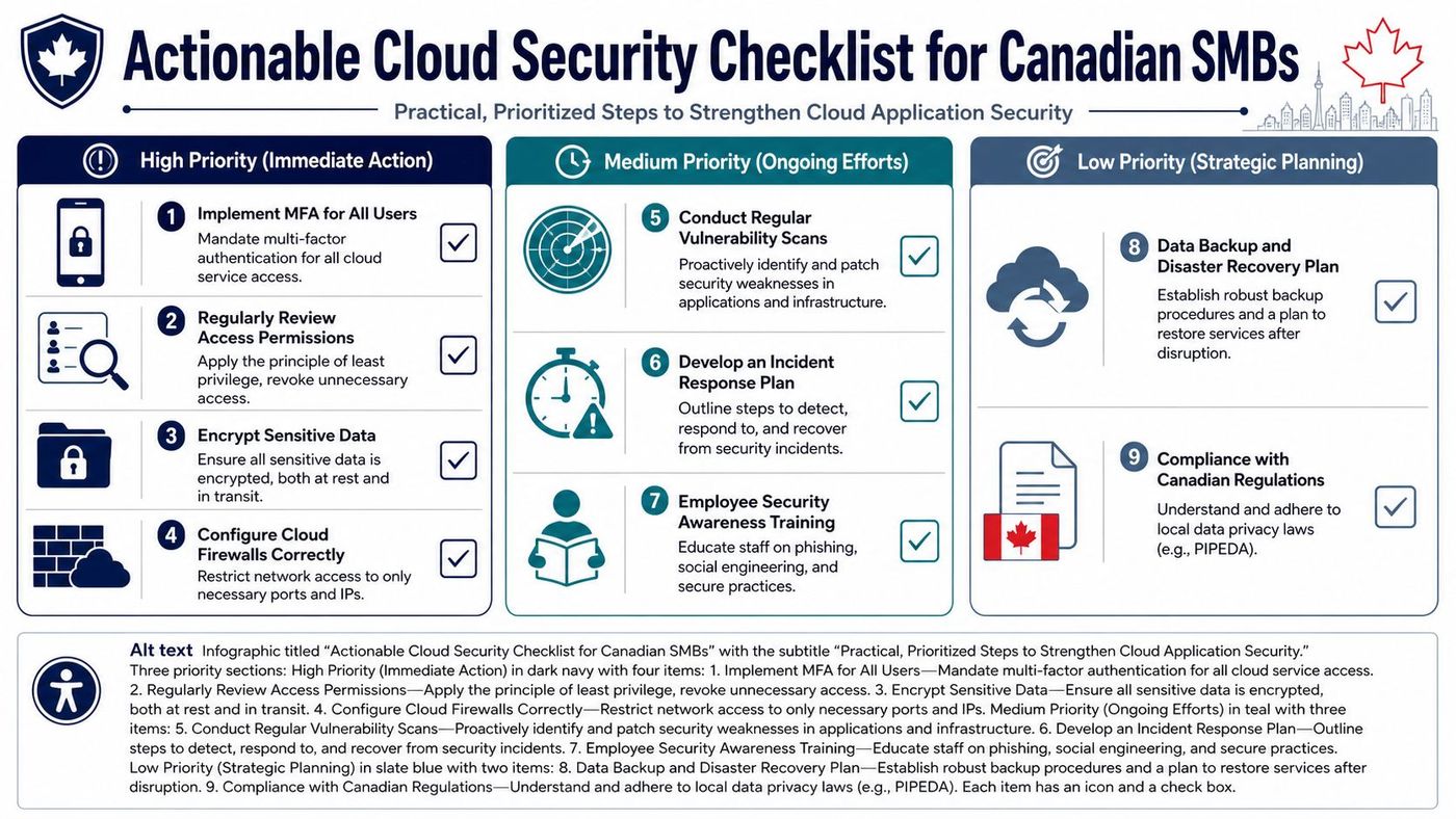 A checklist infographic outlining actionable security steps for Canadian small and medium-sized businesses for cloud applications.