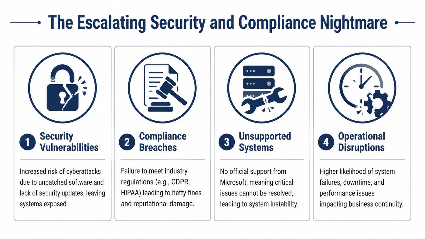 An infographic detailing the security, compliance, support, and operational risks of outdated server software systems.
