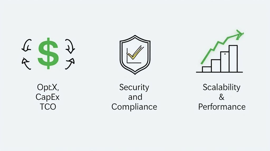 Three icons representing financial optimization, security compliance, and scalability performance for business solutions.