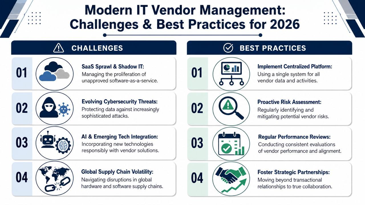 A chart showing key challenges and best practices for modern IT vendor management strategies by 2026.