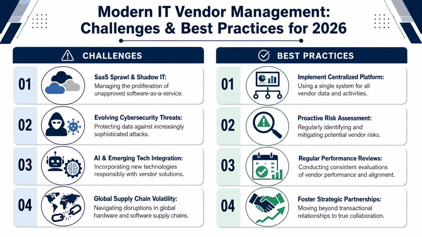 A chart showing key challenges and best practices for modern IT vendor management strategies by 2026.
