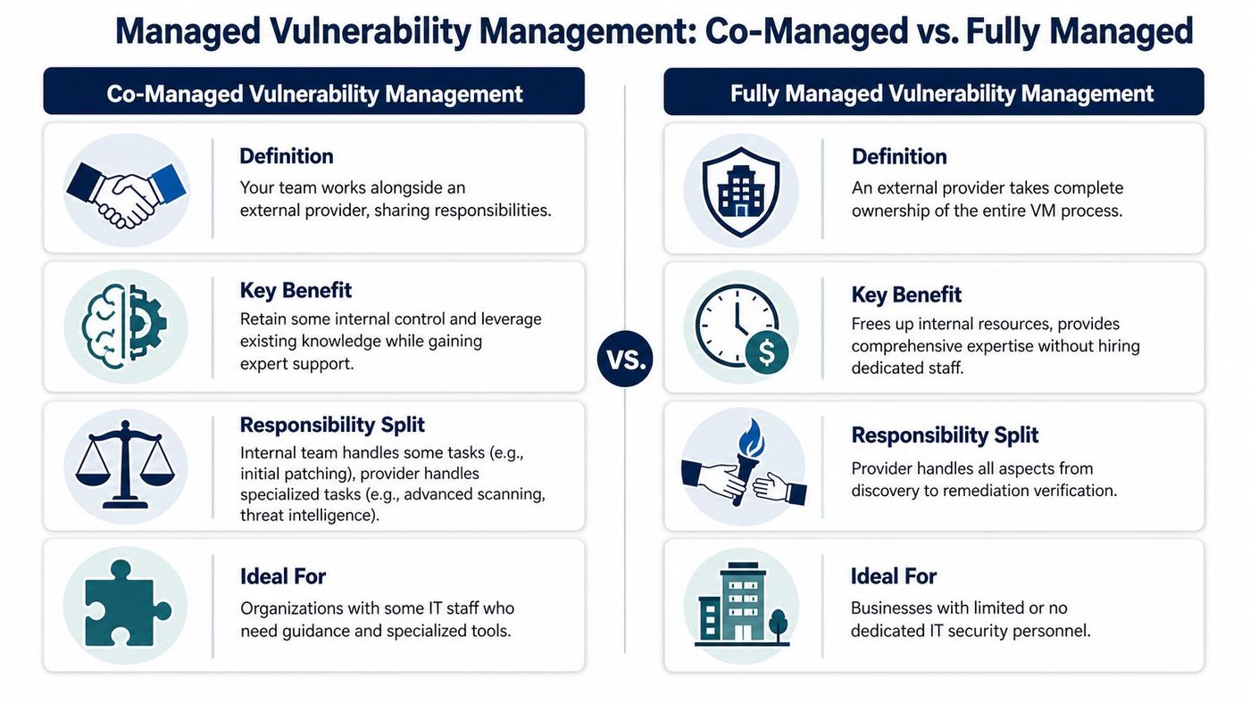 A comparison chart outlining the differences between Co-Managed and Fully Managed Vulnerability Management services for organizations.