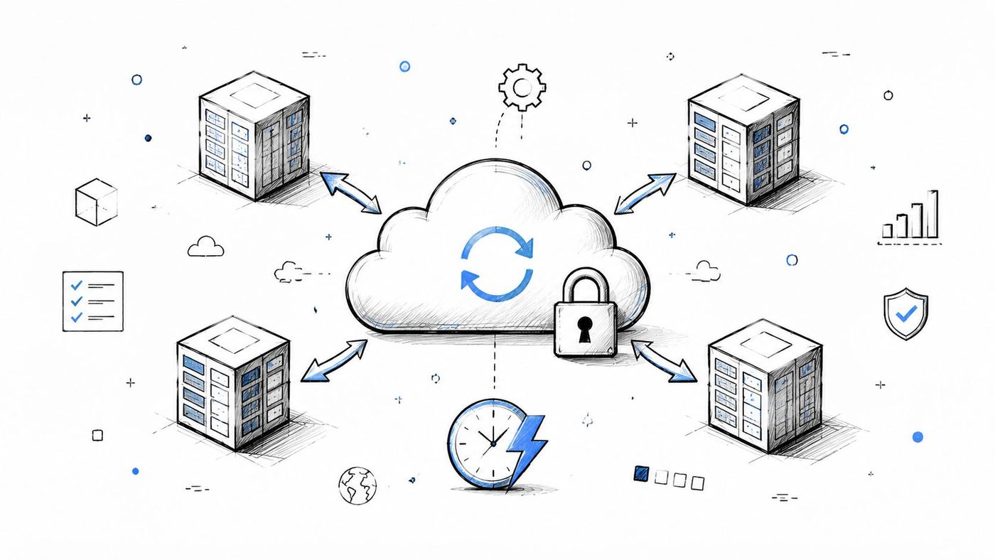 A hand-drawn illustration showing a central cloud storage icon connecting and syncing to four server rack units.