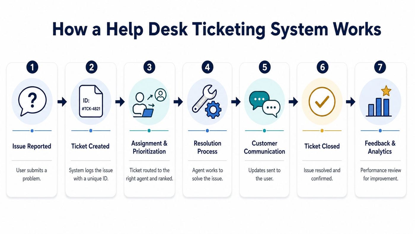 A flow chart illustrating the seven steps of a standard help desk ticketing system workflow process.