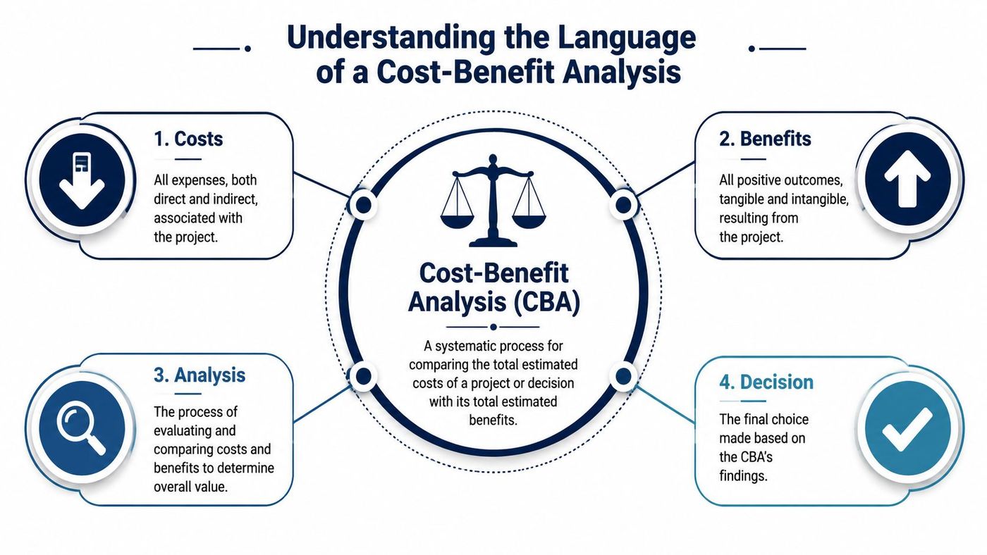 A diagram illustrating the four main components of a cost-benefit analysis: costs, benefits, analysis, and decision.
