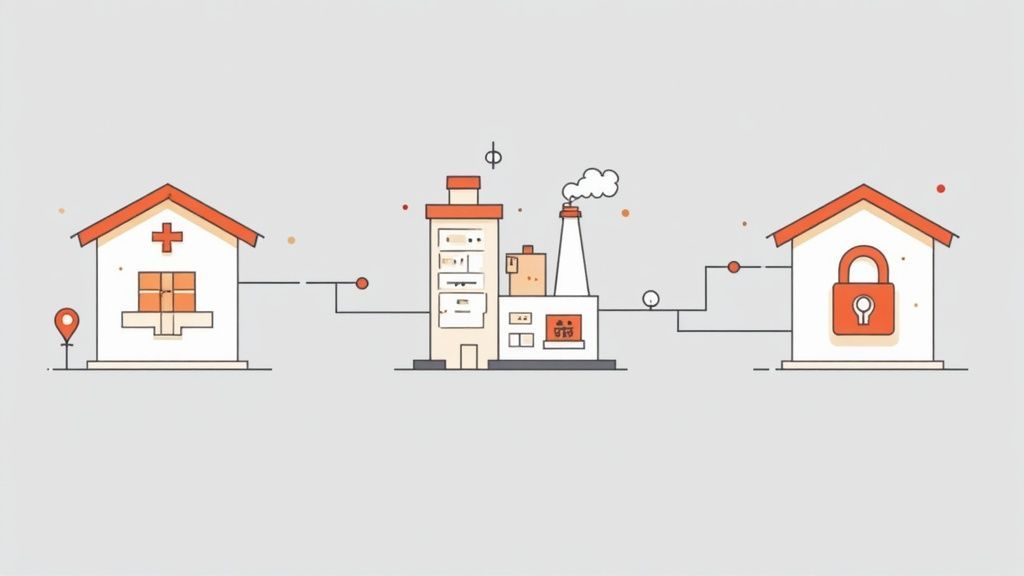 A cartoon illustration showing a network connecting a hospital, industrial buildings, and a secure home.
