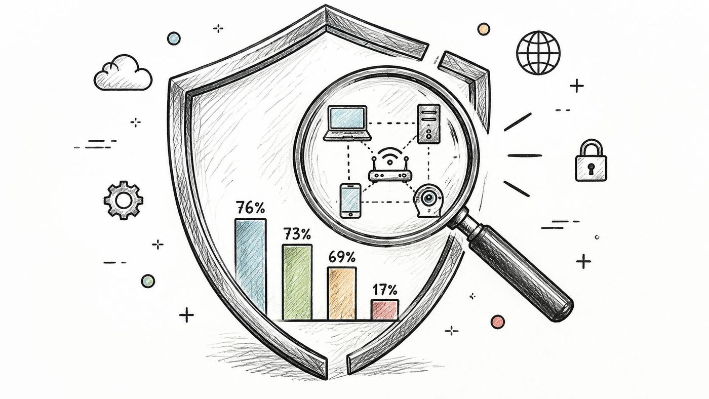 A hand-drawn shield icon containing a magnifying glass focused on connected smart devices and percentage data bars.