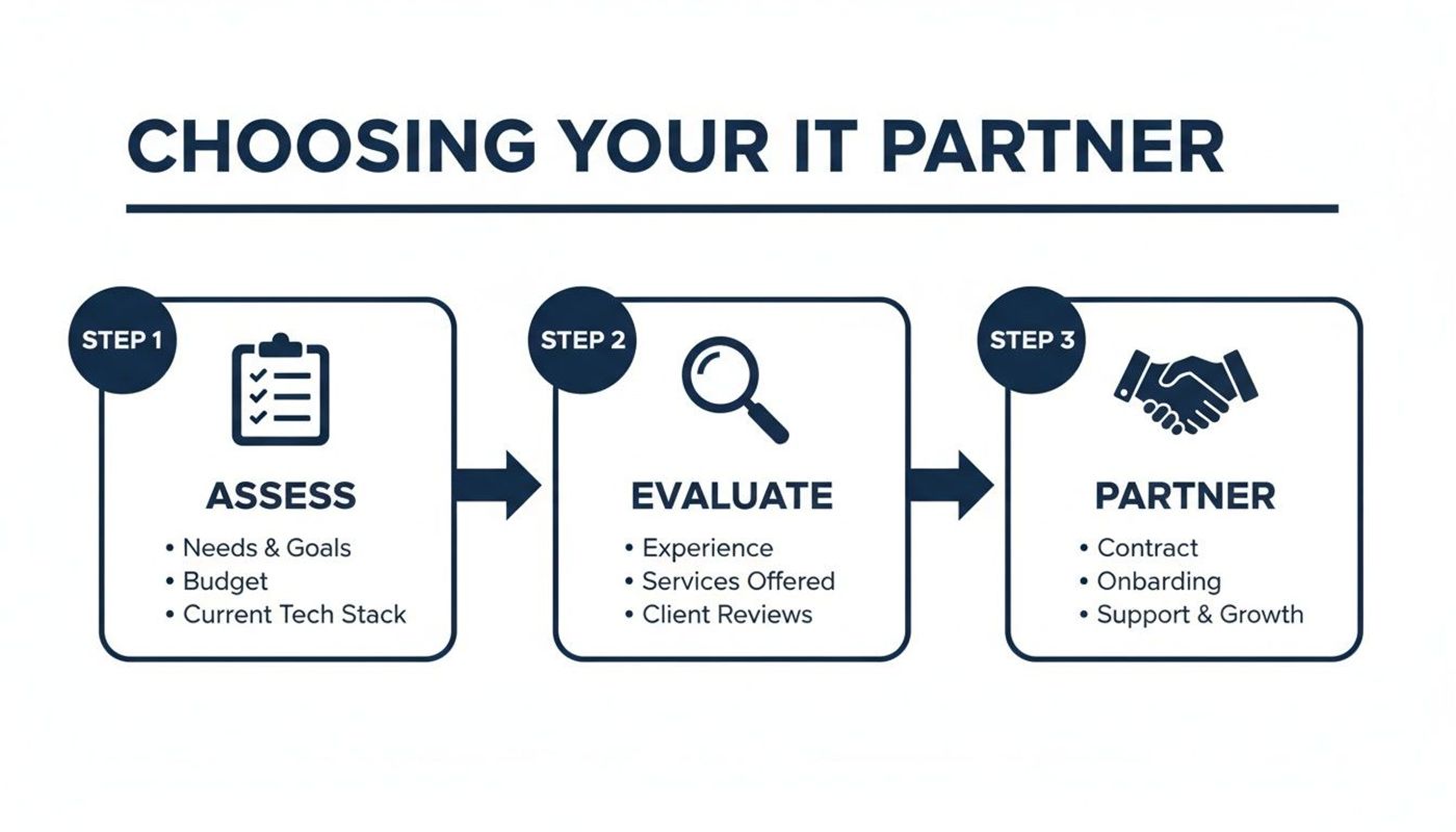 A three-step infographic explaining how to choose an IT partner: assess, evaluate, and partner.