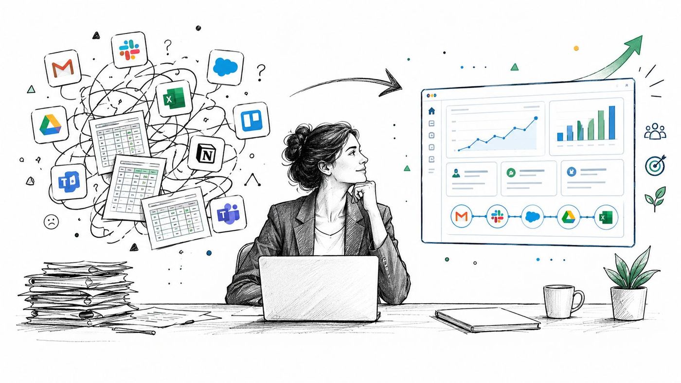 A professional woman at a desk organizing chaotic software tools into a streamlined, efficient digital workflow dashboard.