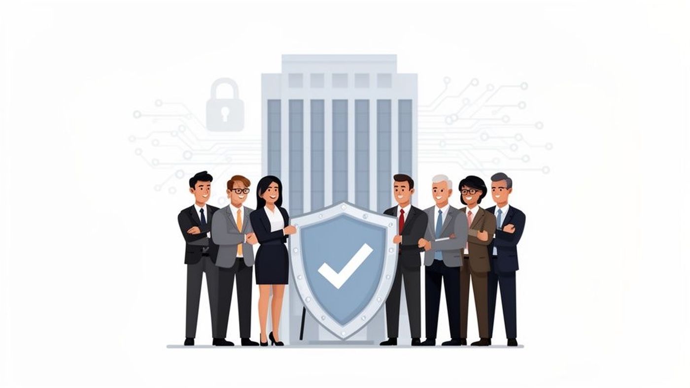 Diverse business team protecting a building with a shield, symbolizing robust cybersecurity measures.