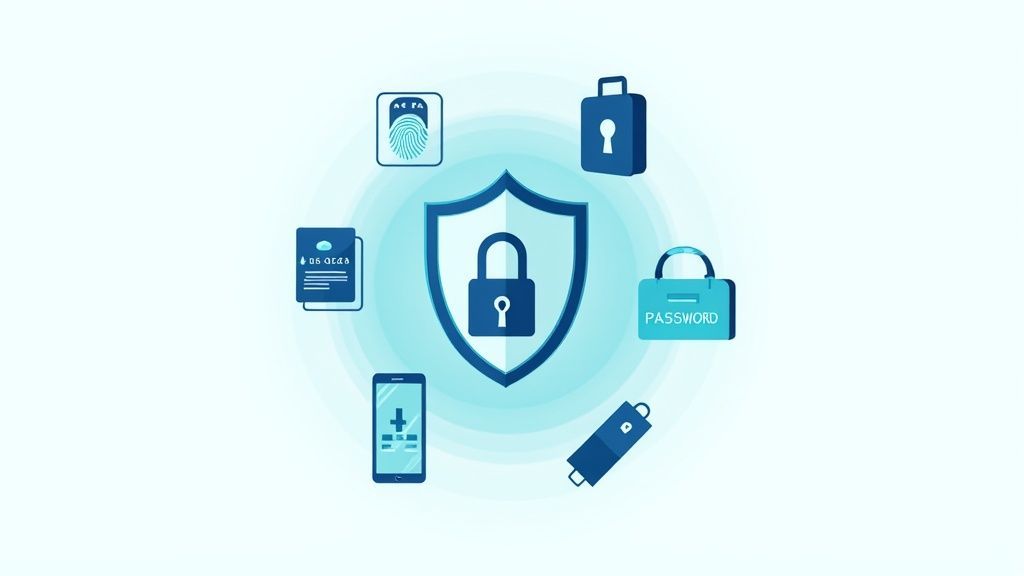 A central shield with a padlock surrounded by various icons symbolizing comprehensive digital and data security measures.