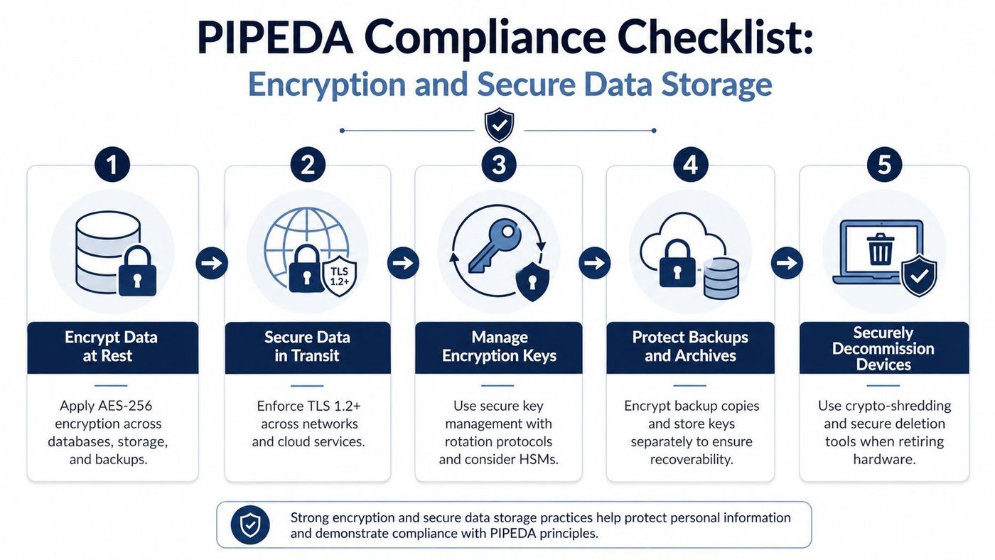 A five-step checklist illustrating essential data encryption and secure storage practices for PIPEDA compliance.