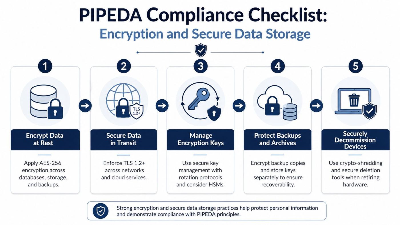 A five-step checklist illustrating essential data encryption and secure storage practices for PIPEDA compliance.