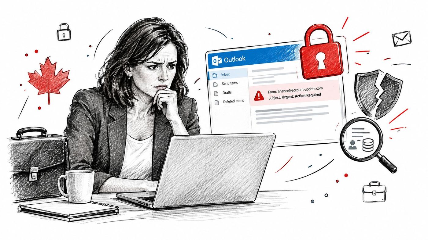 A businesswoman looking concerned at her laptop while viewing a suspicious phishing email in her Outlook inbox.