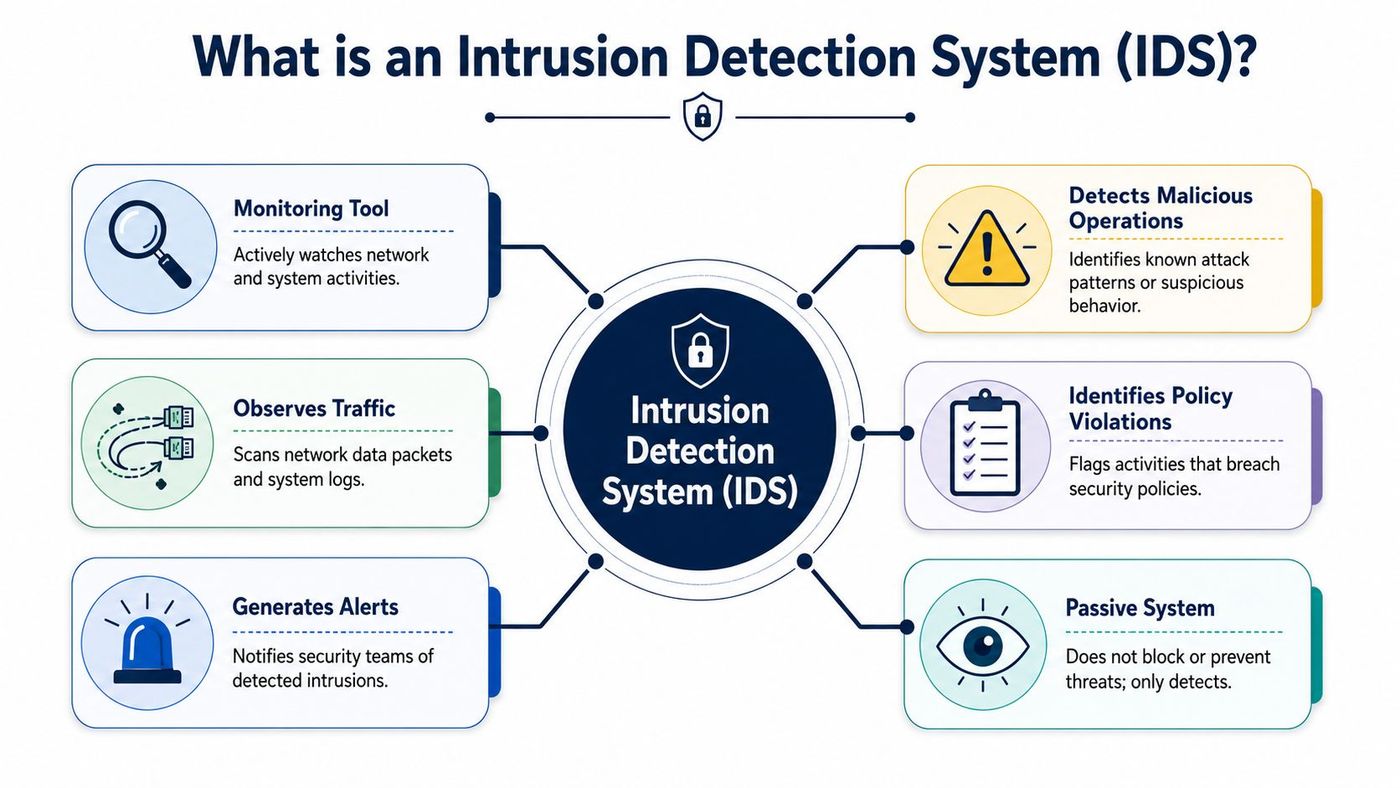 A diagram explaining the functions of an intrusion detection system including monitoring, traffic analysis, and alerts.