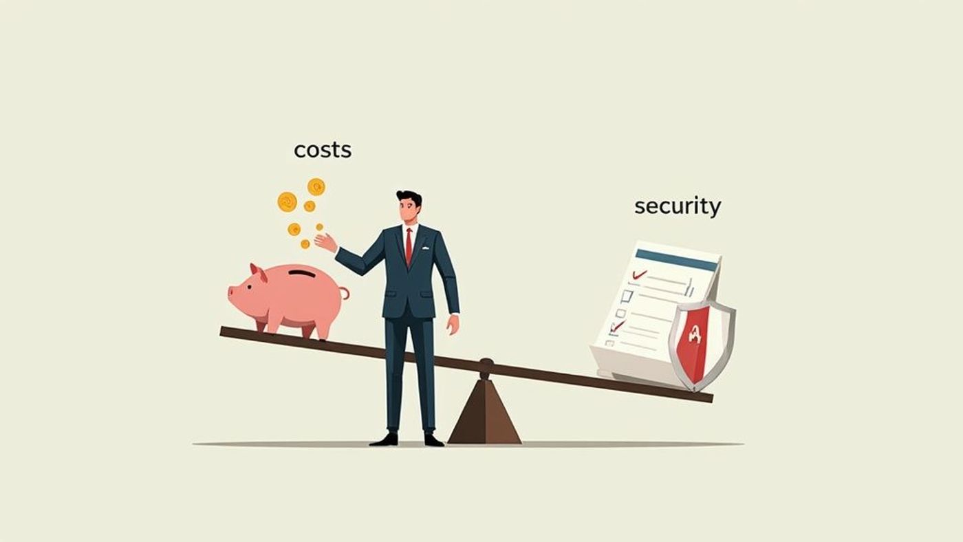 Businessman balancing costs (piggy bank, coins) and security (checklist, shield) on a seesaw.