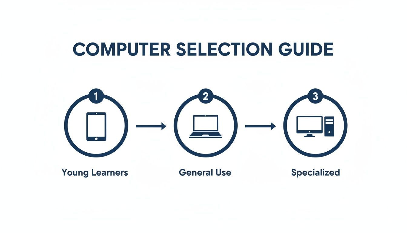 A computer selection guide showing tablets for young learners, laptops for general use, and desktop PCs for specialized needs.