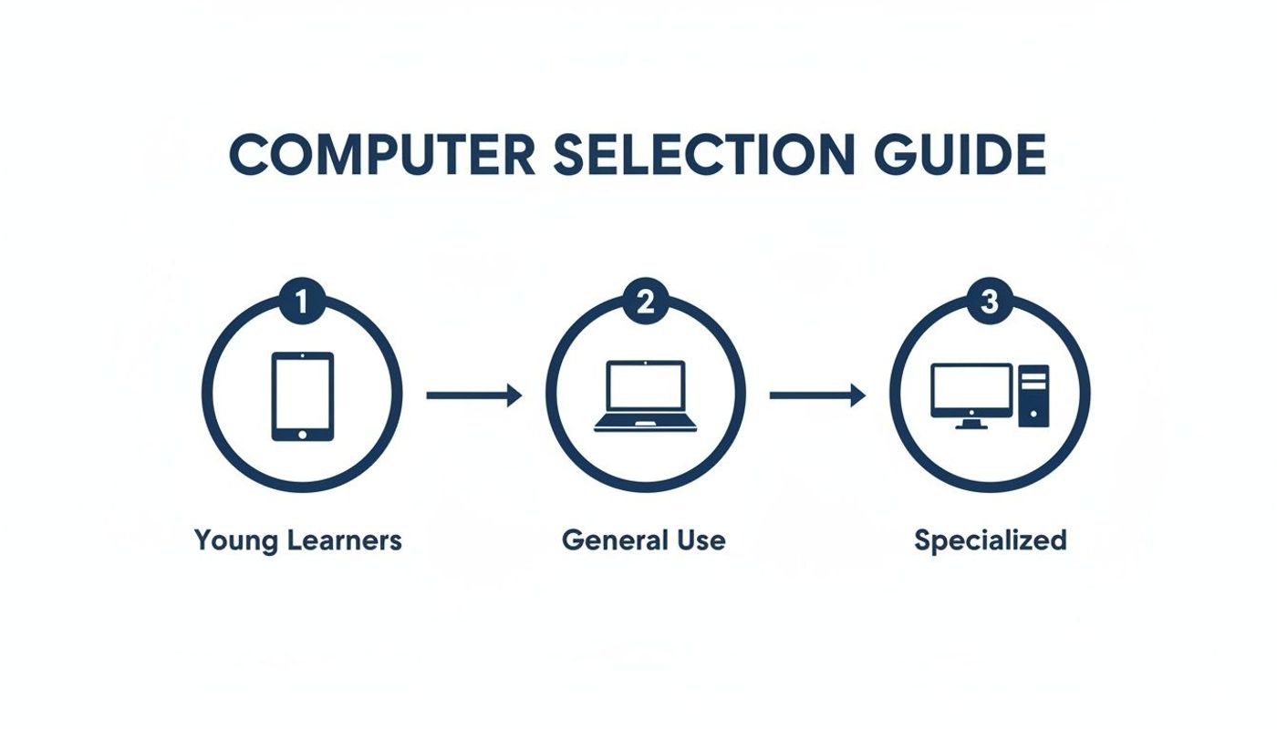 A computer selection guide showing tablets for young learners, laptops for general use, and desktop PCs for specialized needs.