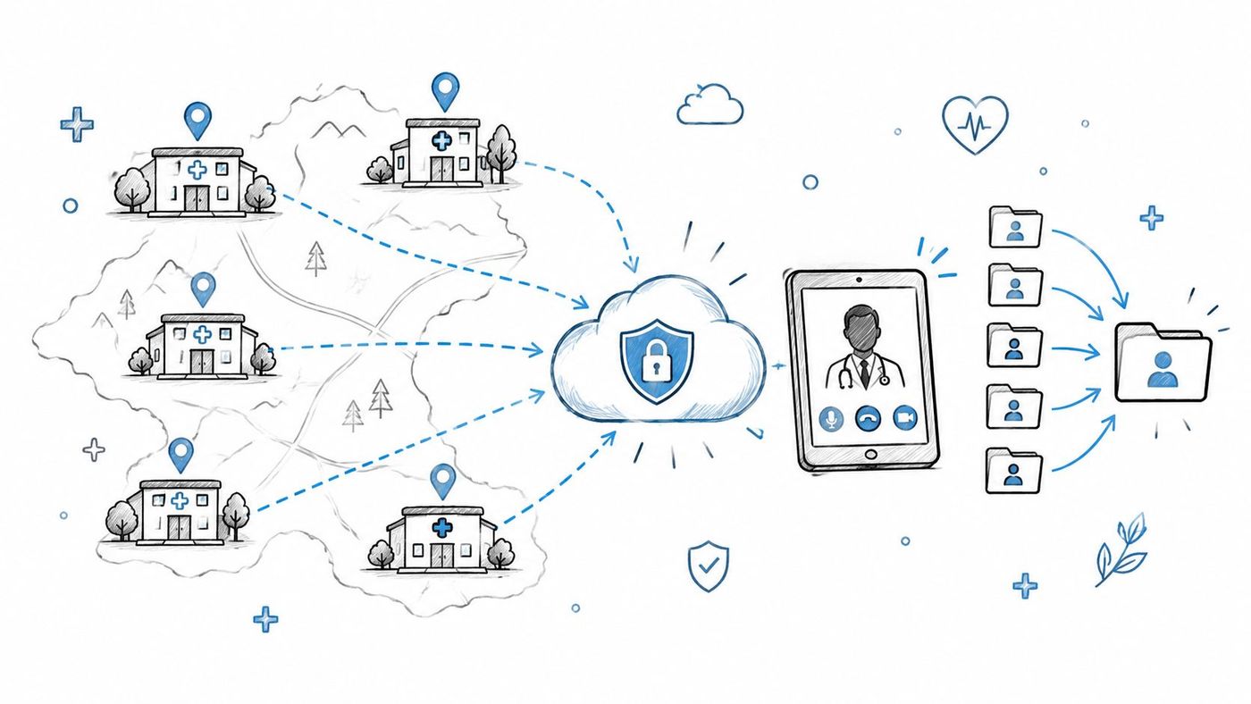 A digital illustration showing multiple hospitals connected to a secure cloud network for remote patient consultation.