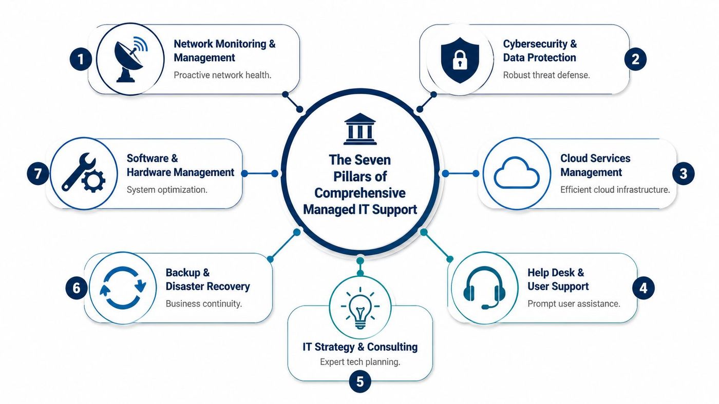A diagram illustrating the seven essential pillars of comprehensive managed IT support services for businesses.