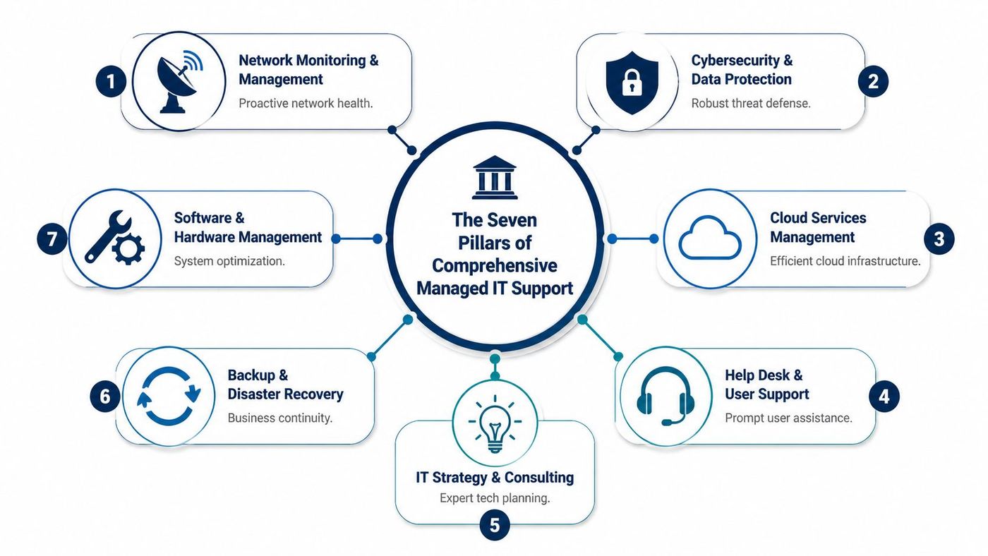 A diagram illustrating the seven essential pillars of comprehensive managed IT support services for businesses.