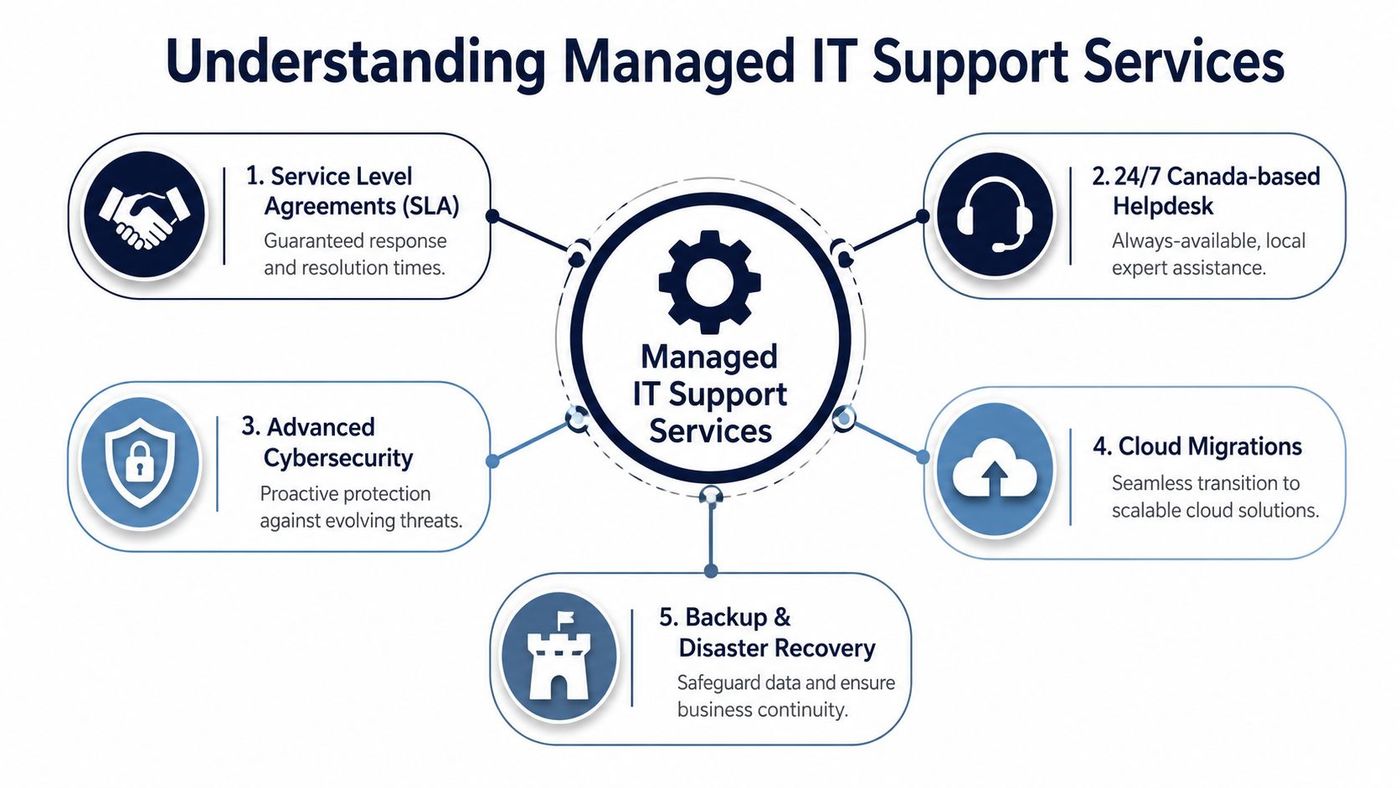 A diagram illustrating five key components of managed IT support services for businesses.