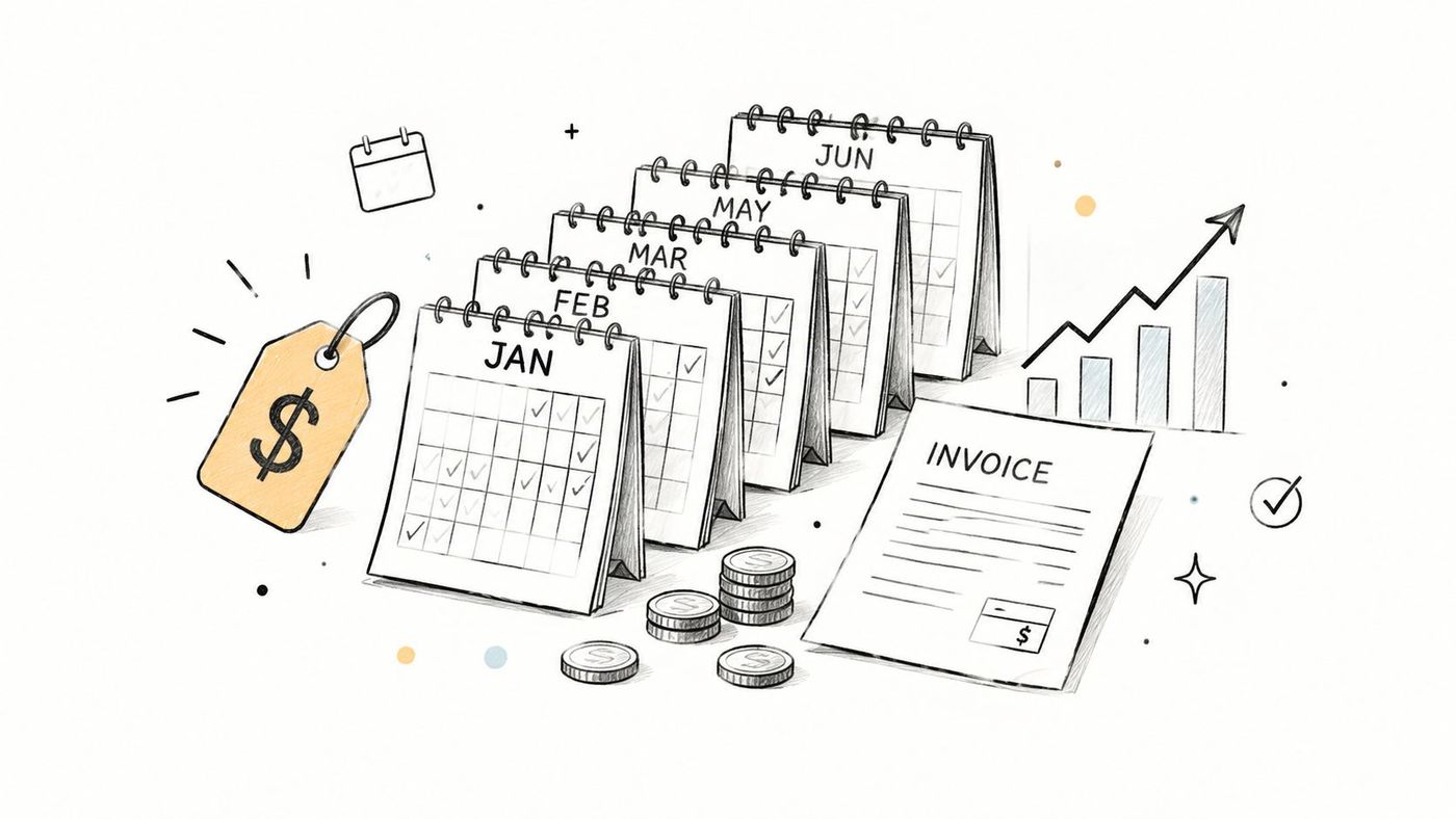 A hand-drawn illustration showing monthly calendars, financial coins, and an invoice representing managed service financial planning.