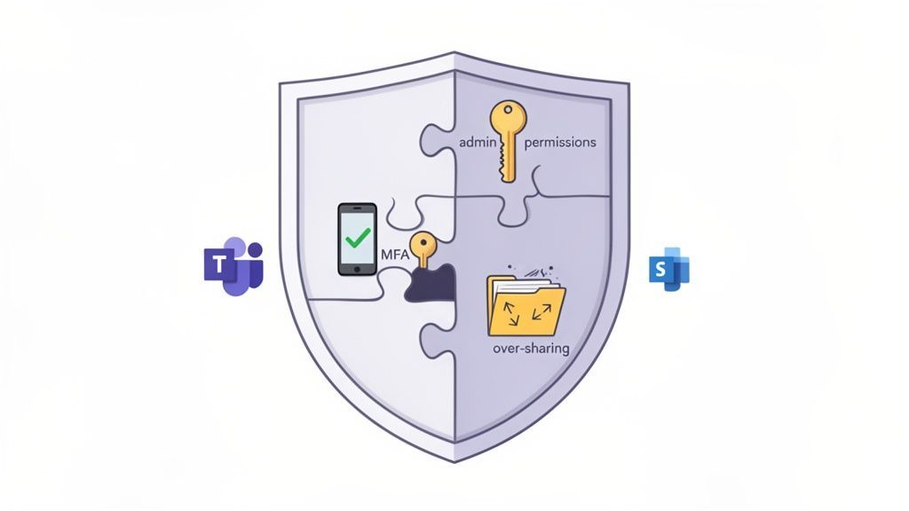 A shield puzzle illustrating Microsoft 365 security: MFA, admin permissions, and over-sharing risks, with Teams and SharePoint logos.